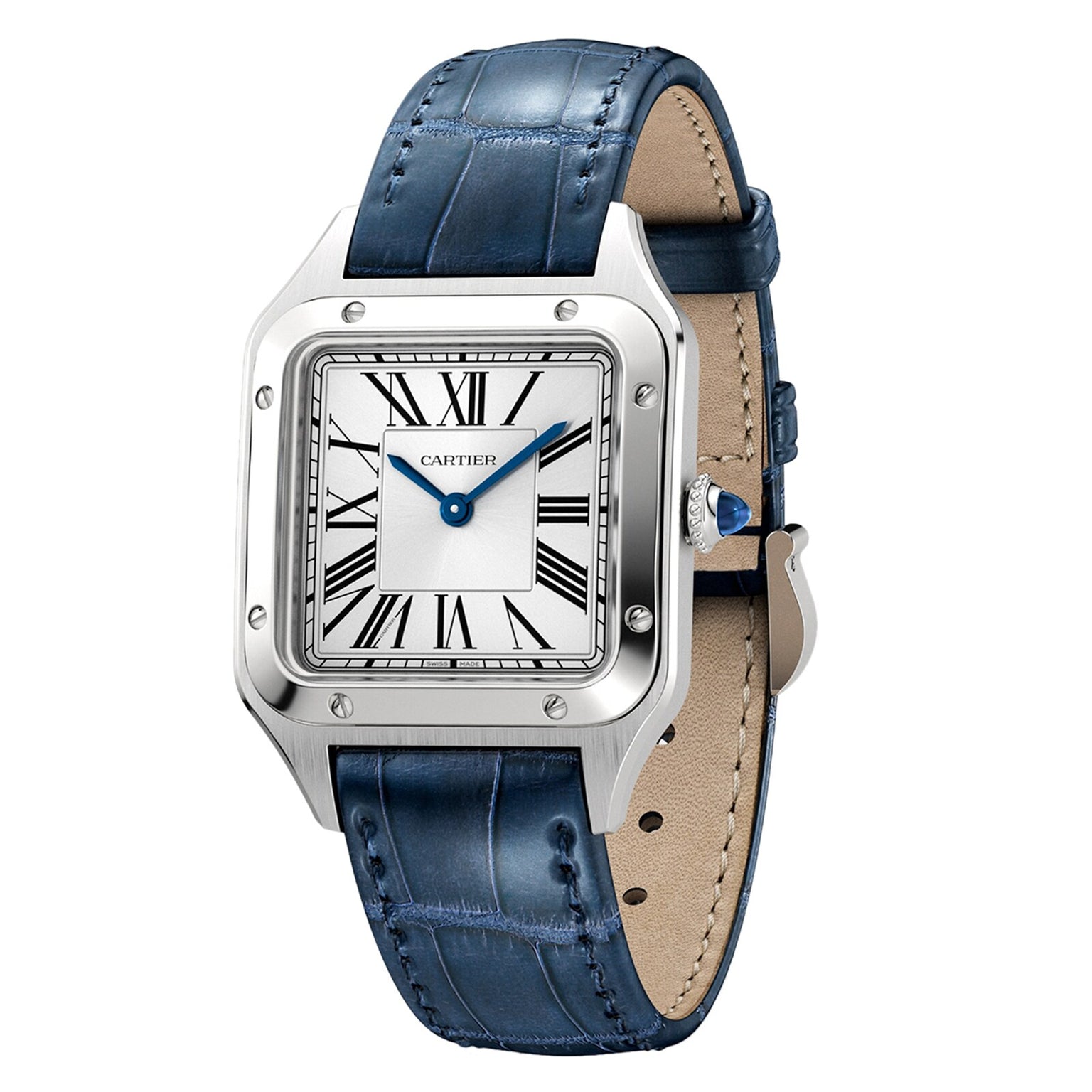 The Cartier Santos-Dumont watch features a square silver case, white dial with Roman numerals, distinctive blue hands, and a blue leather strap.