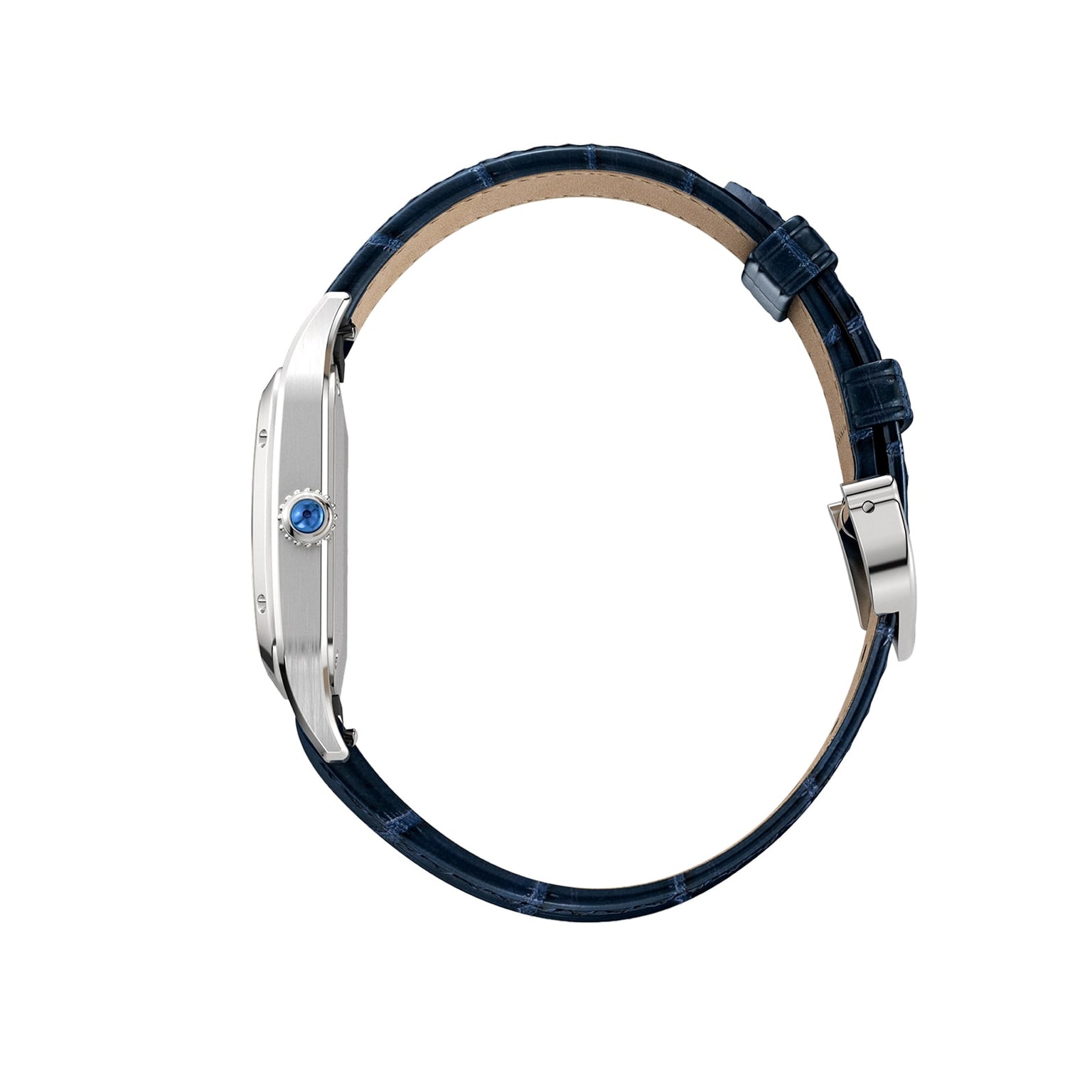 Side view of the Cartier Santos-Dumont watch, featuring a blue leather strap, silver case, and blue gemstone crown, shown against a white background.