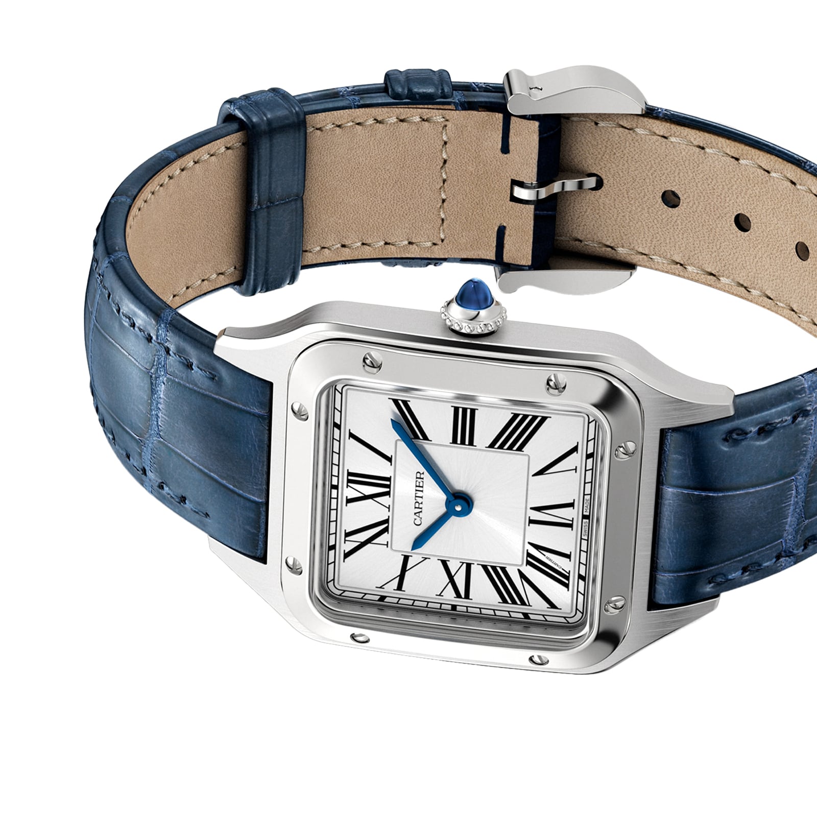 The Cartier Santos-Dumont watch features a silver rectangular case, white dial with black Roman numerals, blue hands, and a blue leather strap, shown angled on a white background.