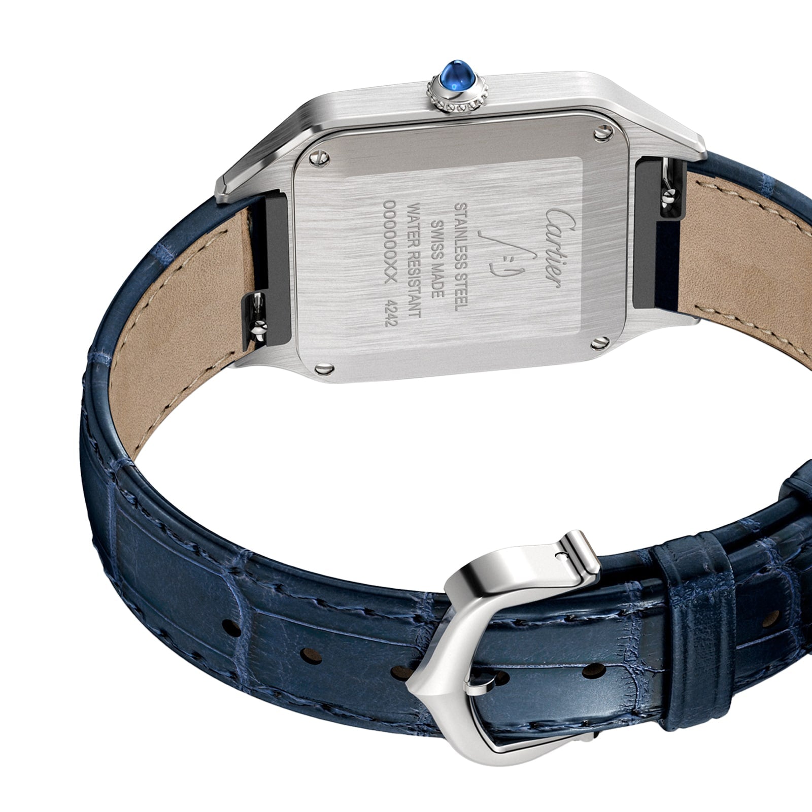 Back view of the Cartier Santos-Dumont watch featuring a stainless steel case, engraved case back, blue leather strap, and signature blue cabochon crown.