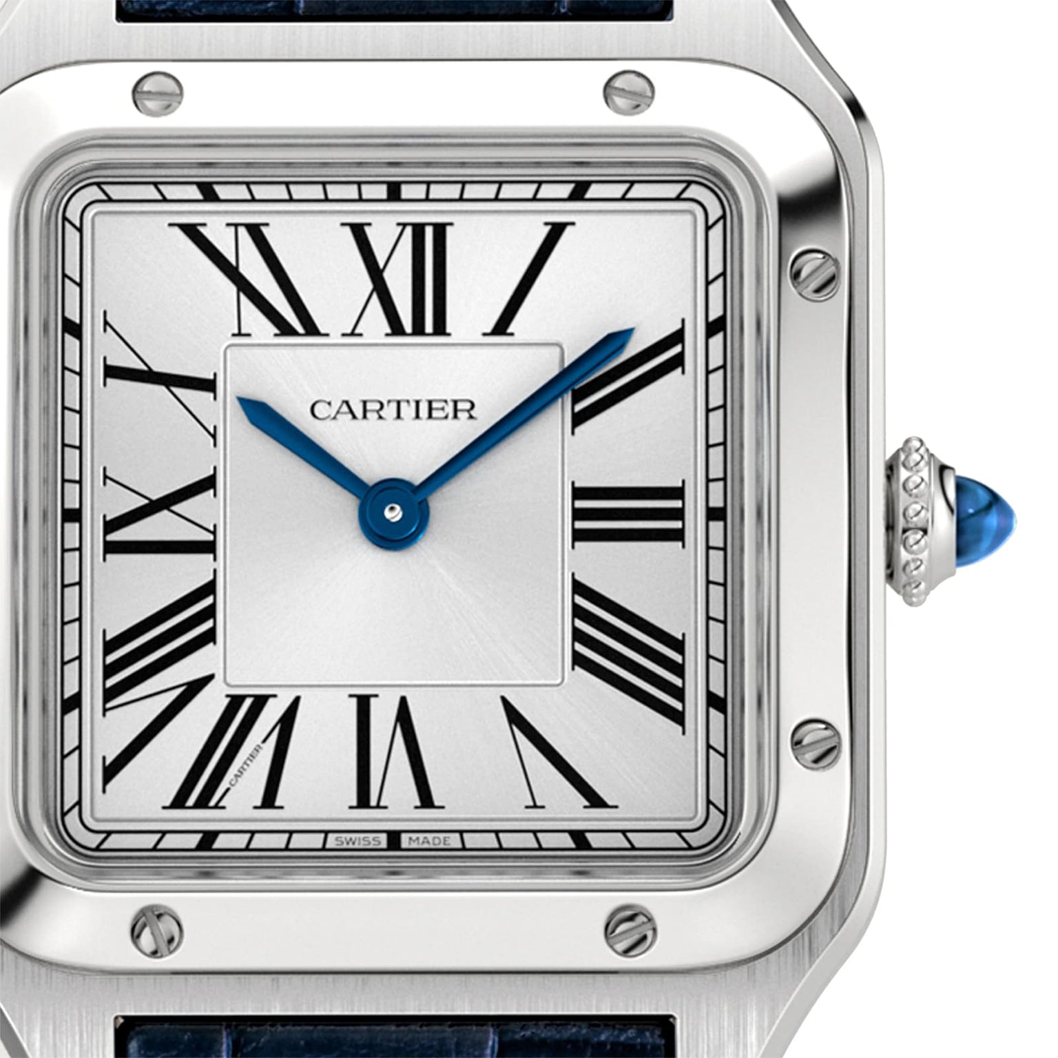 Close-up of a Cartier Santos-Dumont watch face with Roman numerals, blue hands, a silver bezel, and a blue cabochon crown on the right.