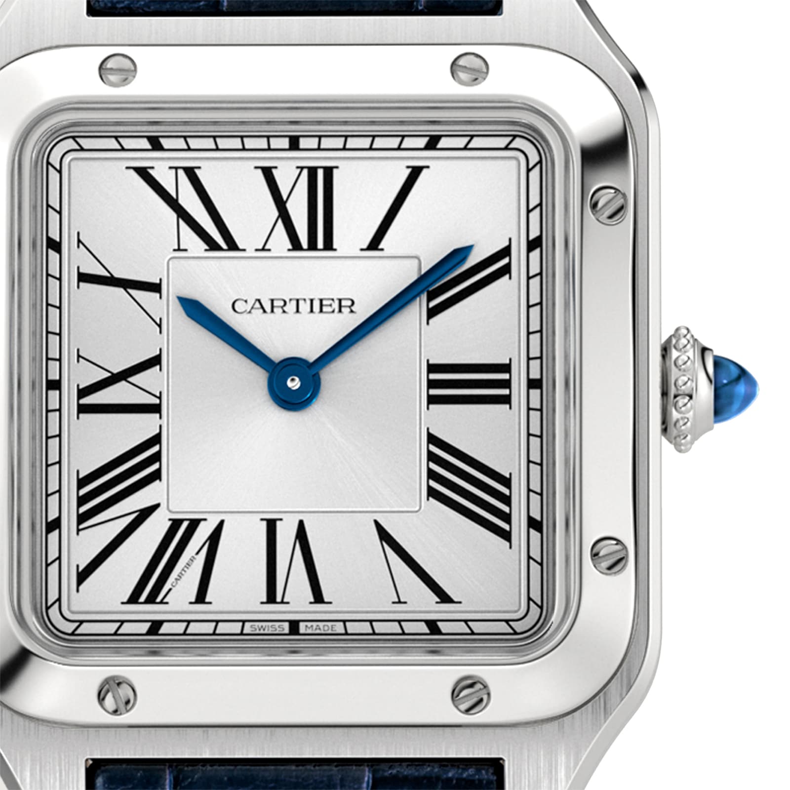 Close-up of a Cartier Santos-Dumont watch face with Roman numerals, blue hands, a silver bezel, and a blue cabochon crown on the right.