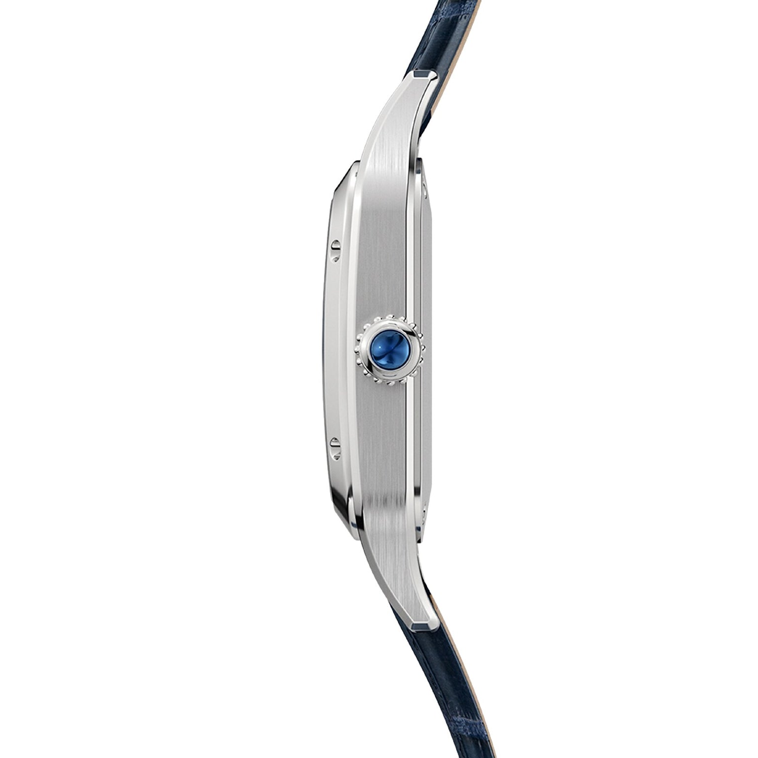 Side view of the Cartier Santos-Dumont watch featuring a silver case, blue crown detail, and a blue leather strap, set against a white background.