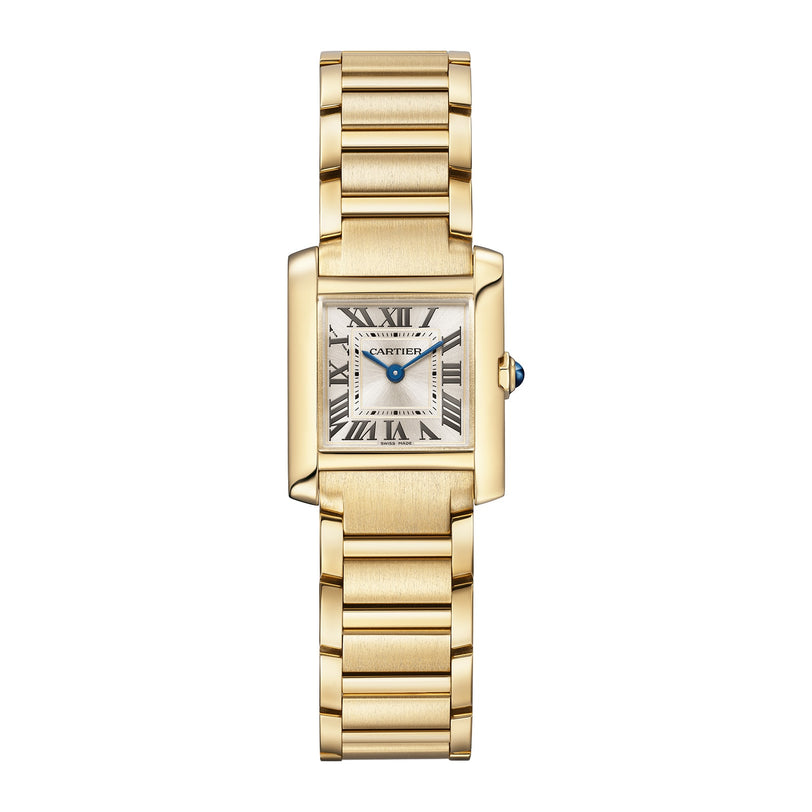 The Cartier Tank Française features a yellow gold case, linked bracelet, white dial with black Roman numerals and blue hands, plus the iconic Cartier logo on the face.