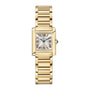 The Cartier Tank Française features a yellow gold case, linked bracelet, white dial with black Roman numerals and blue hands, plus the iconic Cartier logo on the face.