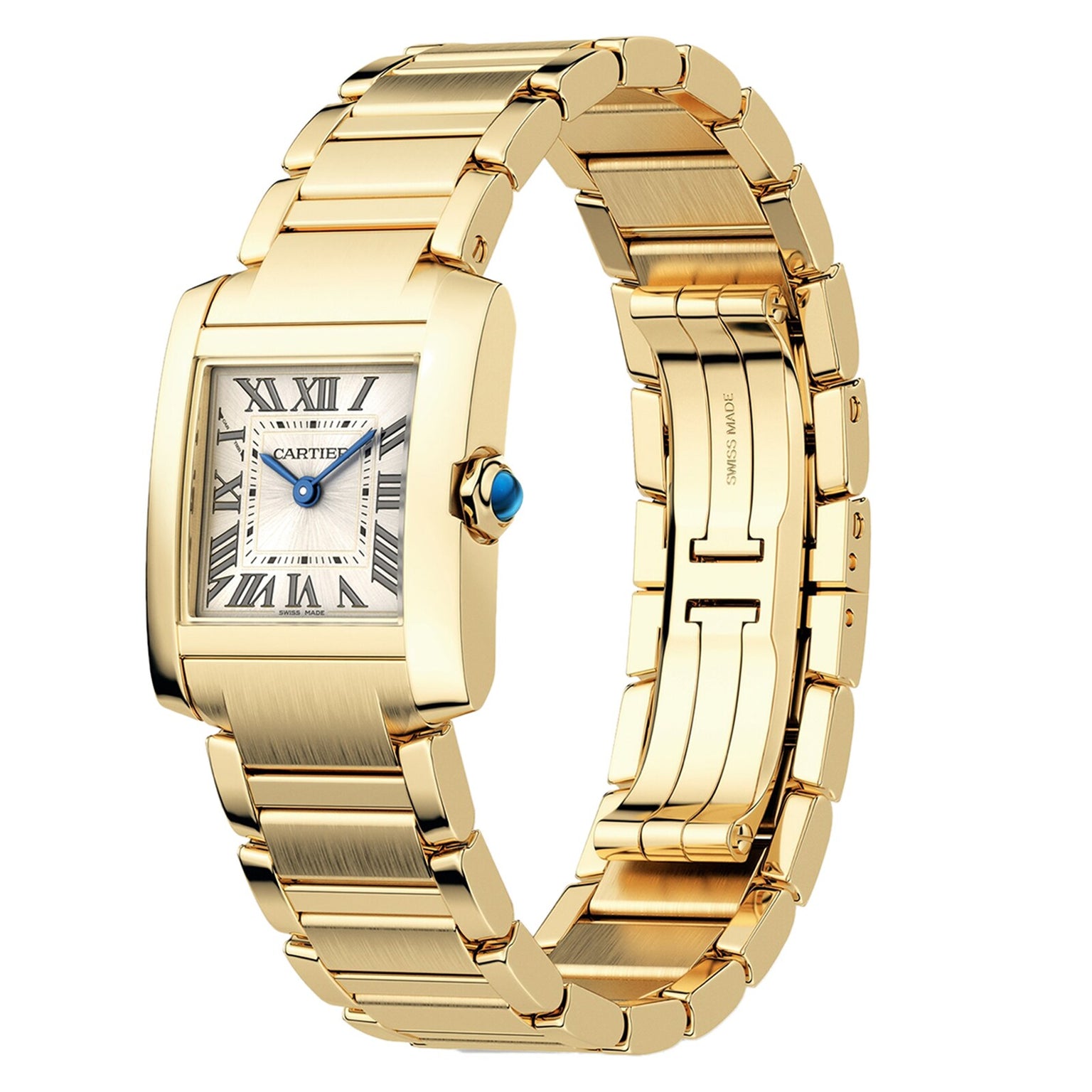 The Cartier Tank Française boasts a rectangular face with Roman numerals, a yellow gold case, and a blue gemstone set in the crown.