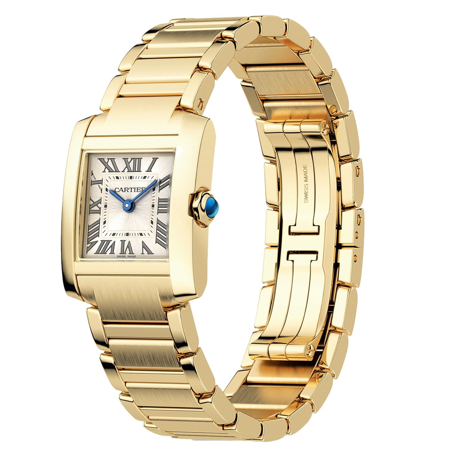 The Cartier Tank Française boasts a rectangular face with Roman numerals, a yellow gold case, and a blue gemstone set in the crown.