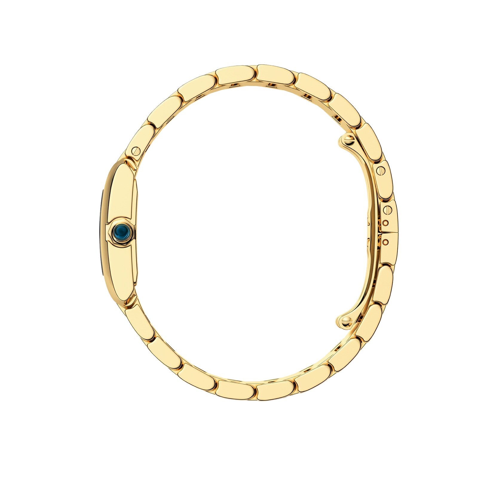 A Cartier Tank Française wristwatch is shown from the side, featuring its yellow gold case, linked bracelet, and a vivid blue gemstone set in the crown.