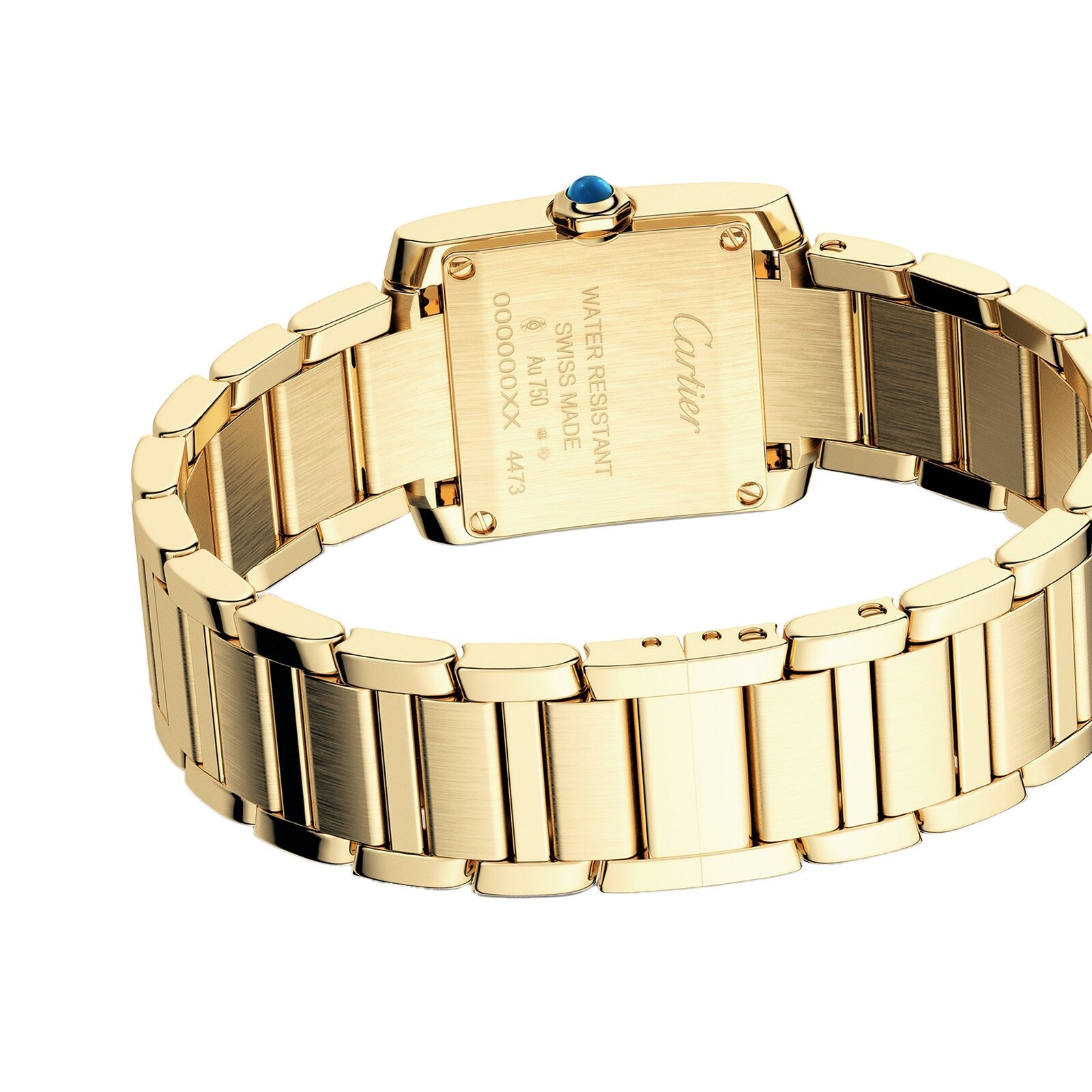 A Cartier Tank Française wristwatch viewed from the back, showcasing an engraved yellow gold case, blue gemstone crown, and polished gold link bracelet.