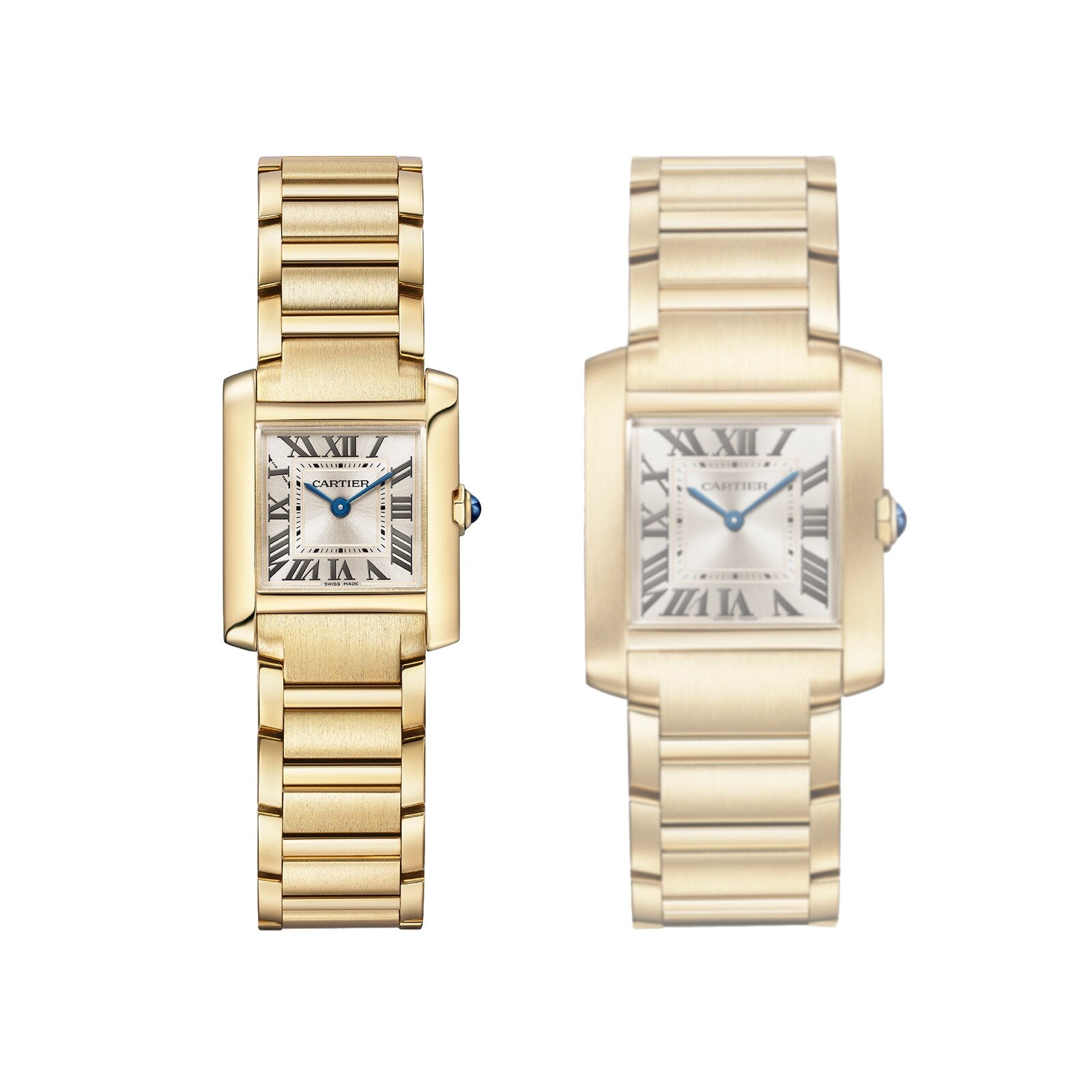 Two Cartier Tank Française watches with yellow gold cases, rectangular dials, Roman numerals, and link bracelets are displayed side by side on a white background.