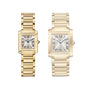 Two Cartier Tank Française watches with yellow gold cases, rectangular dials, Roman numerals, and link bracelets are displayed side by side on a white background.