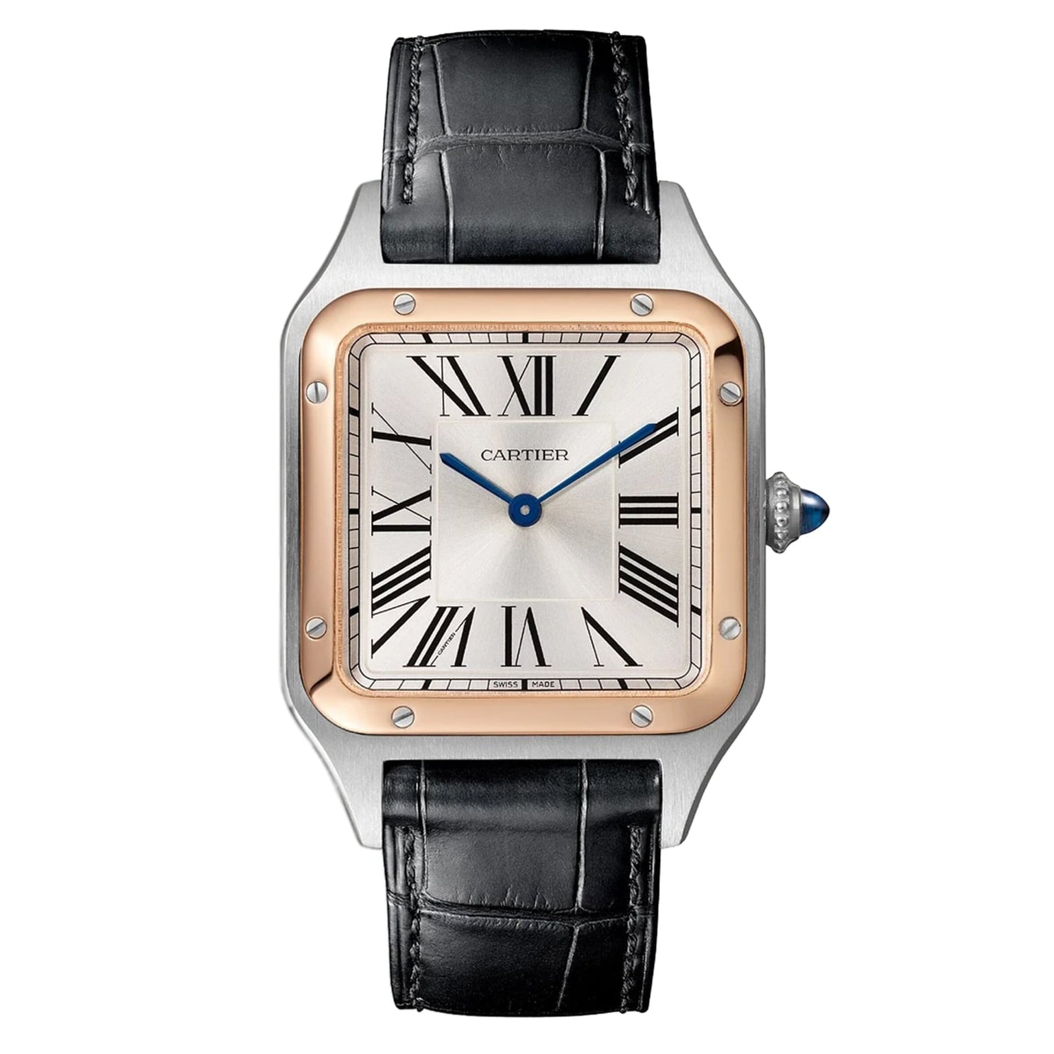 The Cartier Santos-Dumont watch features Roman numerals, a gold bezel, black leather strap, and a blue gemstone crown.