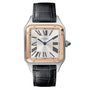 The Cartier Santos-Dumont watch features Roman numerals, a gold bezel, black leather strap, and a blue gemstone crown.