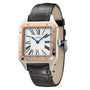 The Cartier Santos-Dumont wristwatch features a square face, Roman numerals, a leather strap, and a gold bezel.