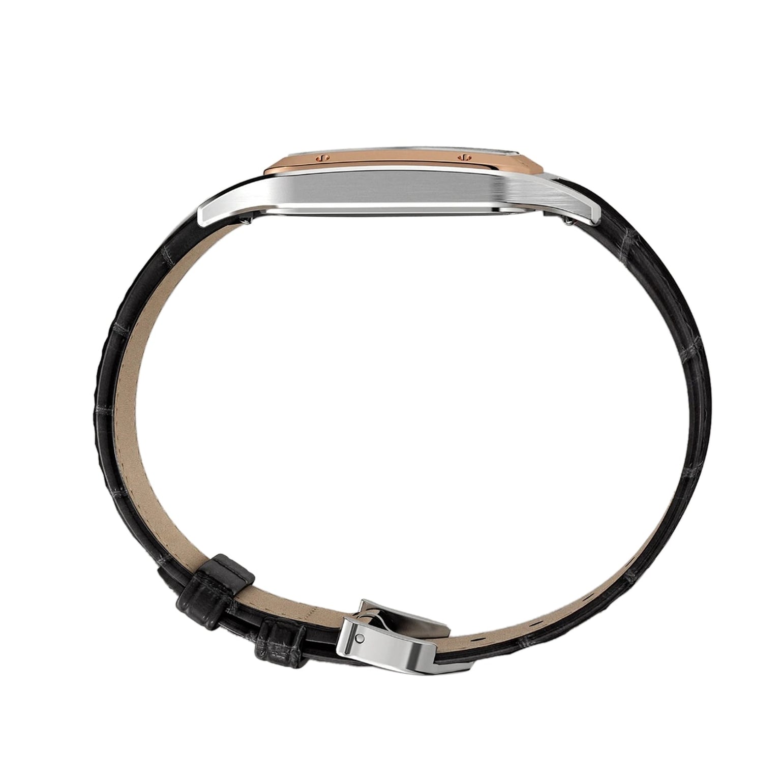 Side view of the Cartier Santos-Dumont wristwatch, featuring a black leather strap and a slim, rectangular metal case.