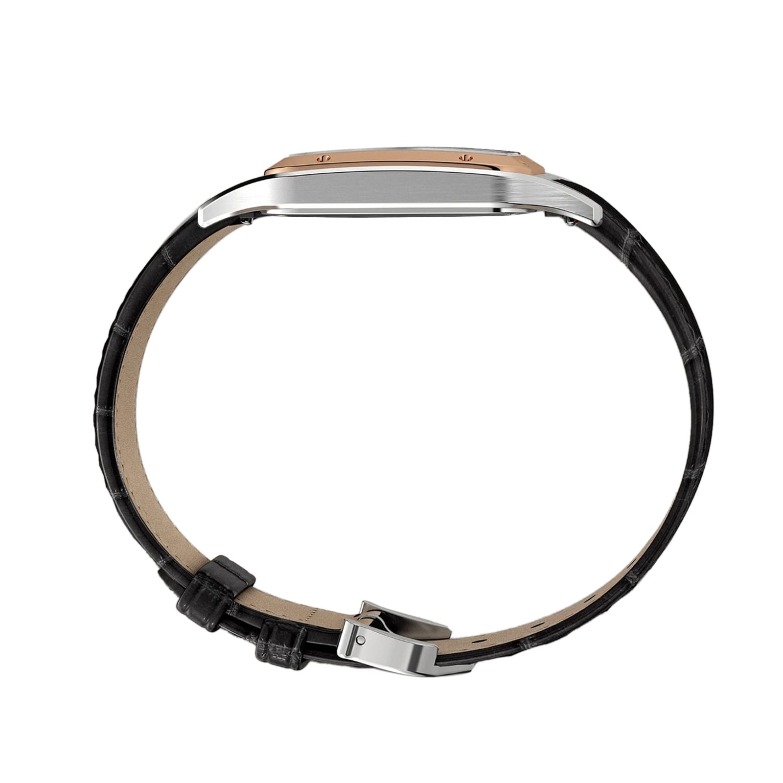 Side view of the Cartier Santos-Dumont wristwatch, featuring a black leather strap and a slim, rectangular metal case.