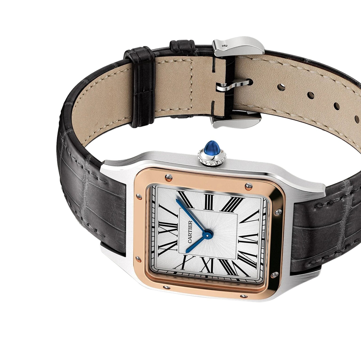 The Cartier Santos-Dumont is a luxury wristwatch featuring a square face, Roman numerals, and a black leather strap.