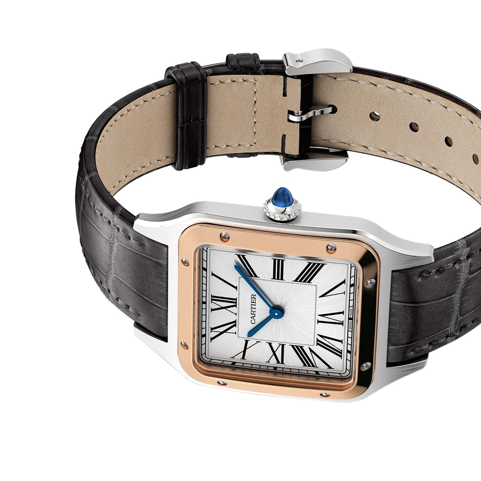 The Cartier Santos-Dumont is a luxury wristwatch featuring a square face, Roman numerals, and a black leather strap.