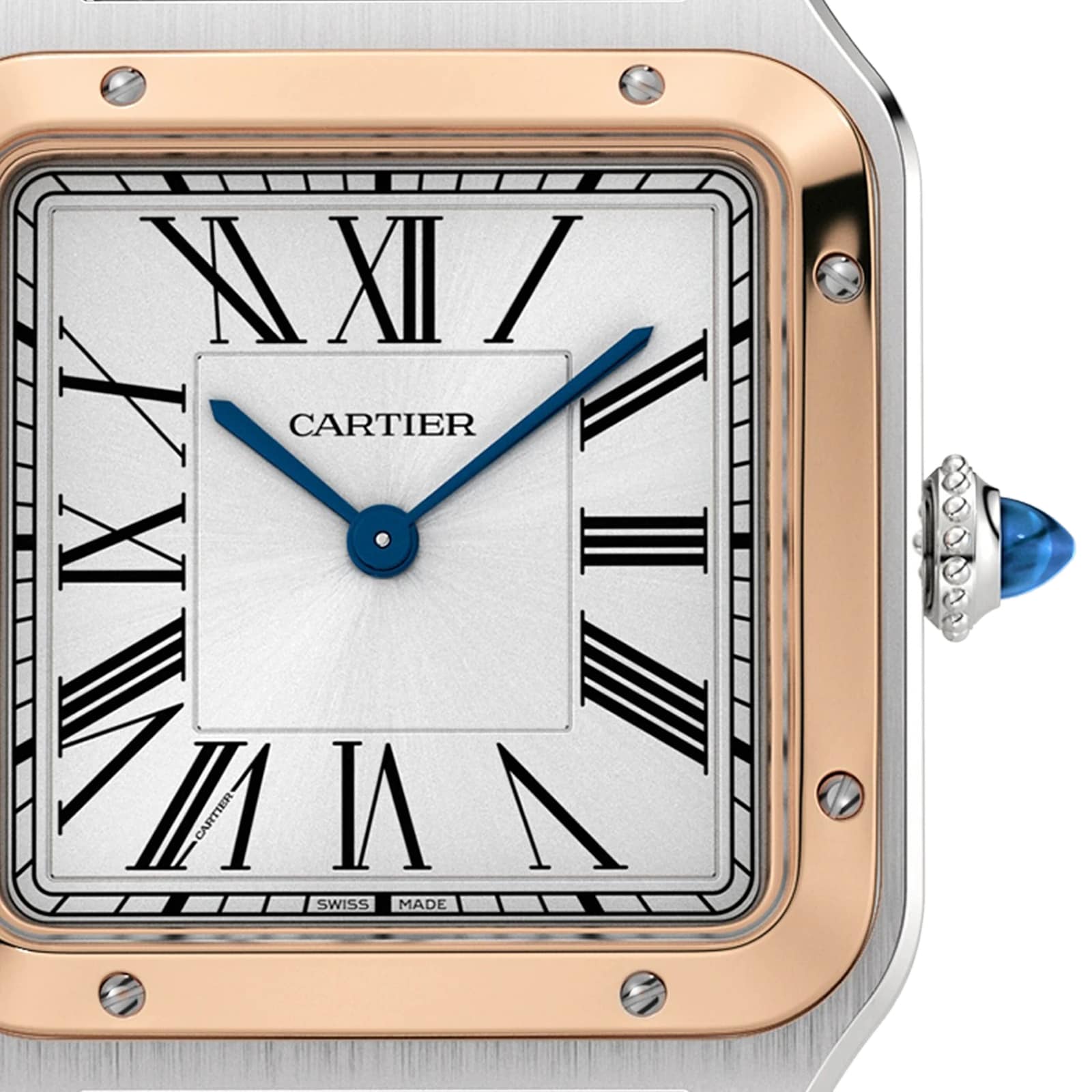 Close-up of a Cartier Santos-Dumont watch face featuring Roman numerals, blue hands, and a gold and silver bezel.