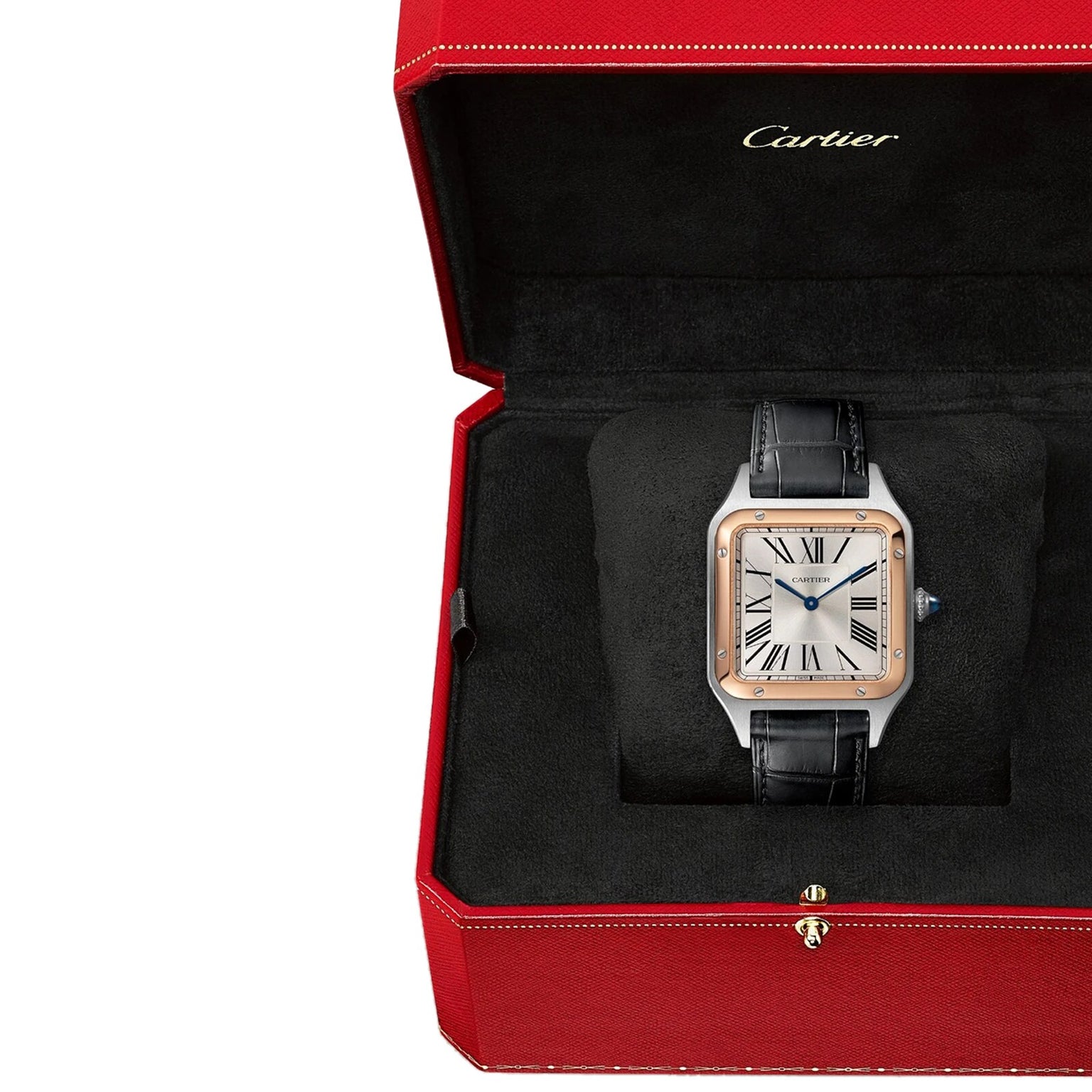 A Cartier Santos-Dumont wristwatch with a leather strap, presented in a red Cartier box.