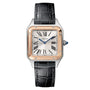The Cartier Santos-Dumont wristwatch features a square face, Roman numerals, and a black leather strap.