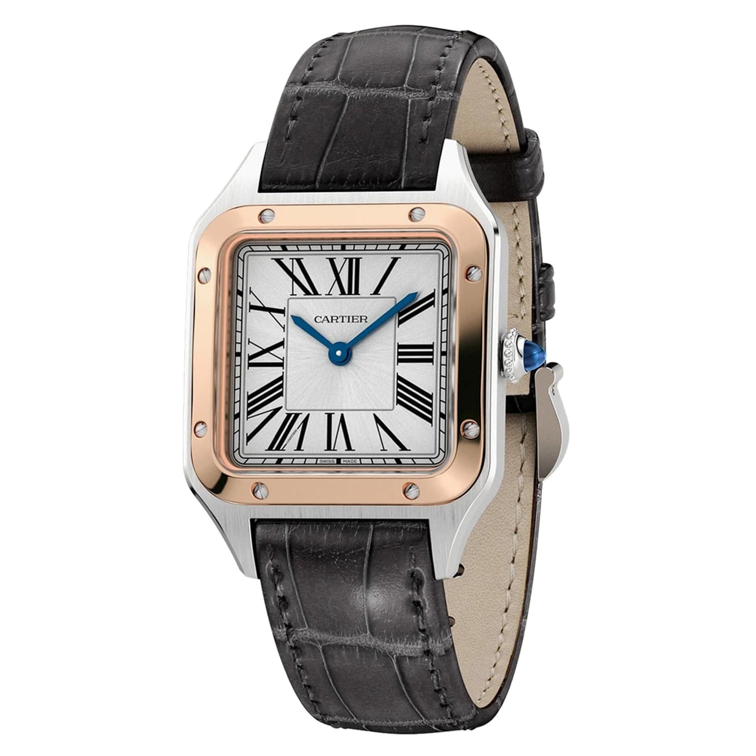 Cartier Santos-Dumont watch featuring a square face, Roman numerals, and a black leather strap.
