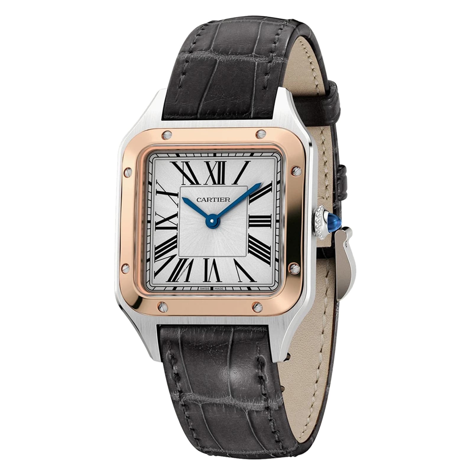 Cartier Santos-Dumont watch featuring a square face, Roman numerals, and a black leather strap.