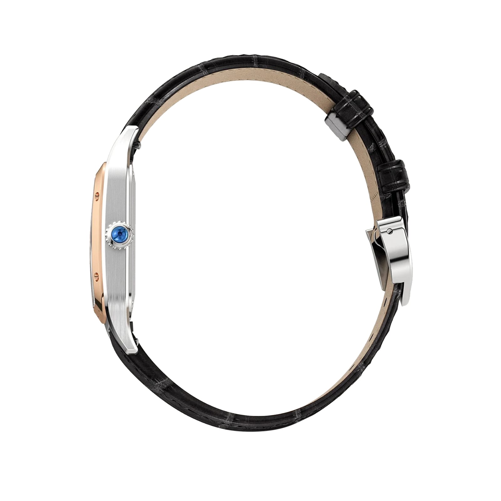Side view of the Cartier Santos-Dumont wristwatch featuring a black leather strap and a blue gem on the crown, set against a white background.