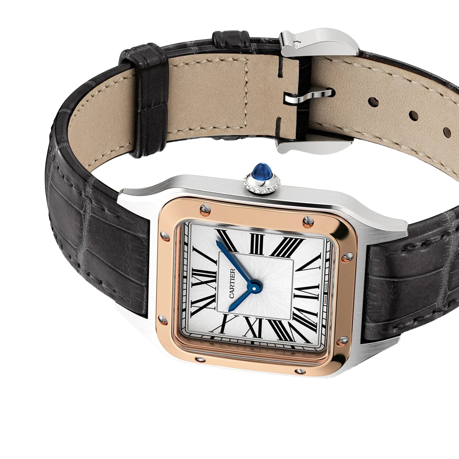 The Cartier Santos-Dumont watch features a black leather strap, gold bezel, and Roman numeral dial, shown at an angle.