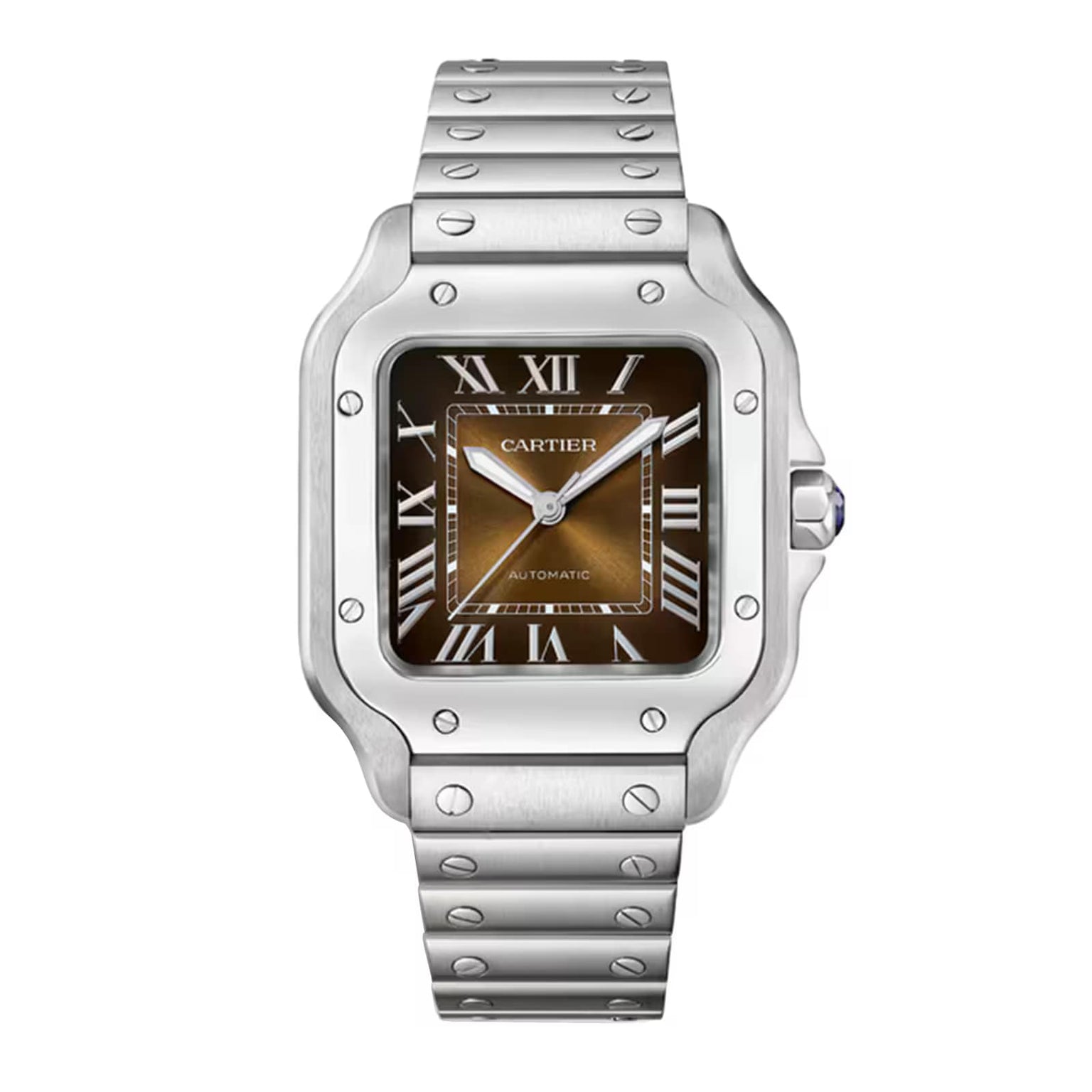 The Santos de Cartier is a stainless steel wristwatch featuring a square brown dial with Roman numerals, silver hands, and a metal link bracelet.