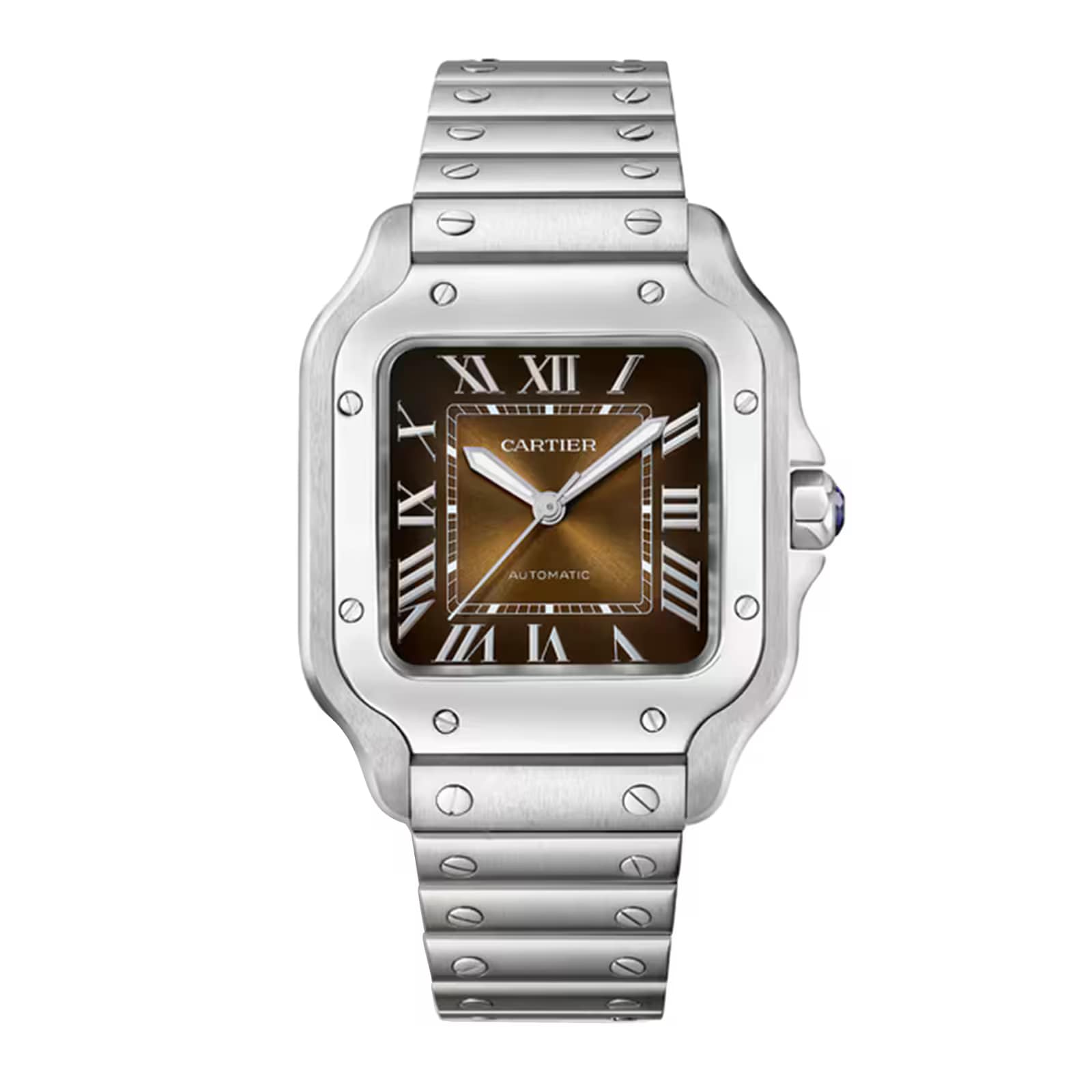 The Santos de Cartier is a stainless steel wristwatch featuring a square brown dial with Roman numerals, silver hands, and a metal link bracelet.