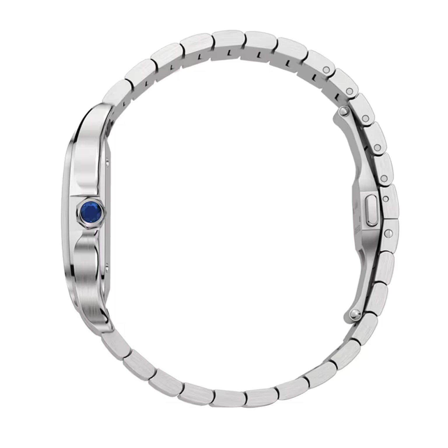 Side view of the Cartier Santos de Cartier, a silver metal wristwatch featuring a round blue crown and a linked bracelet-style band.