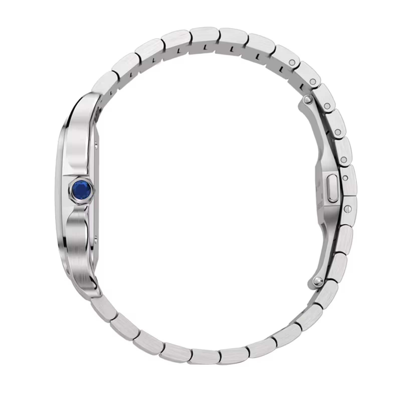 Side view of the Cartier Santos de Cartier, a silver metal wristwatch featuring a round blue crown and a linked bracelet-style band.