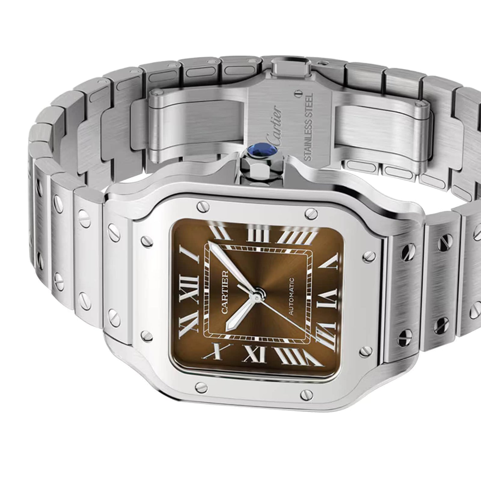 The Santos de Cartier is a stainless steel Cartier wristwatch featuring a square brown dial with Roman numeral markers and a metal bracelet.