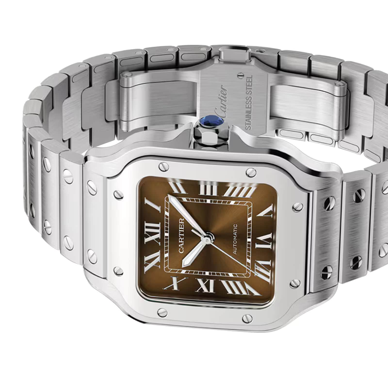The Santos de Cartier is a stainless steel Cartier wristwatch featuring a square brown dial with Roman numeral markers and a metal bracelet.