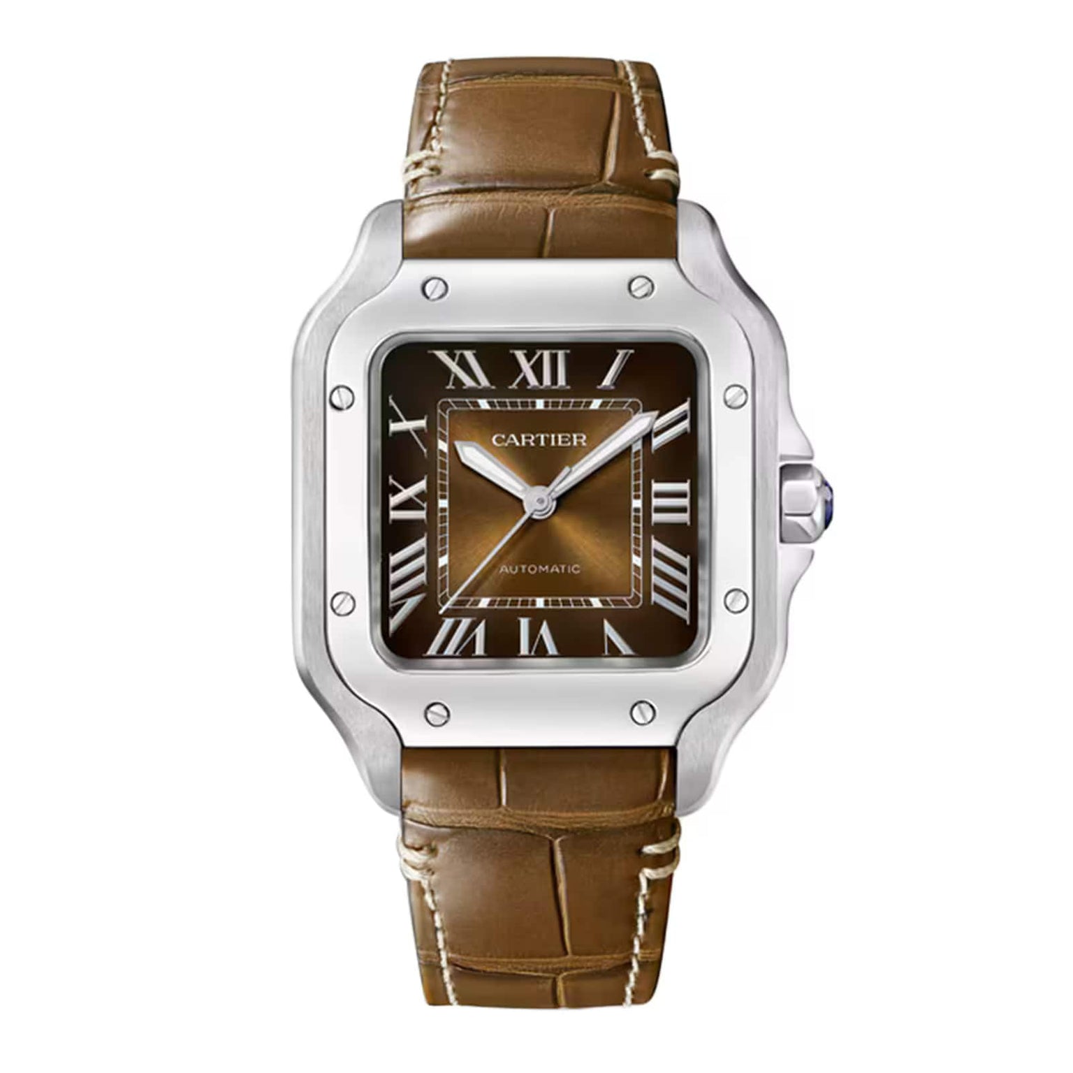 The Santos de Cartier by Cartier features a square stainless steel case, brown Roman numeral dial, and brown leather strap.