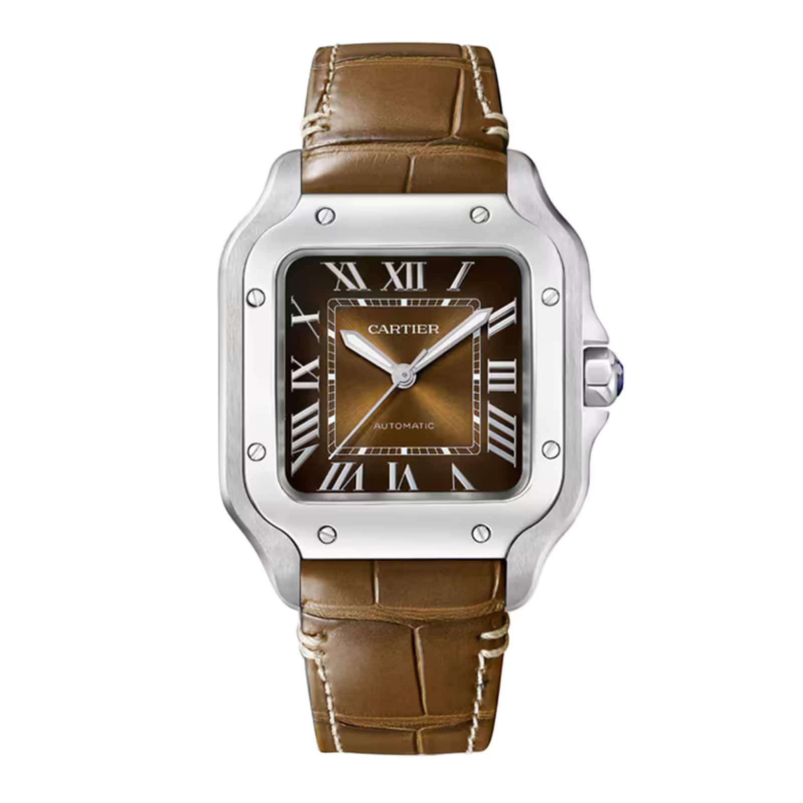 The Santos de Cartier by Cartier features a square stainless steel case, brown Roman numeral dial, and brown leather strap.