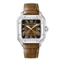 The Santos de Cartier by Cartier features a square stainless steel case, brown Roman numeral dial, and brown leather strap.