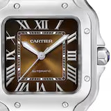 Close-up of a Santos de Cartier wristwatch by Cartier featuring a square brown dial, Roman numerals, silver hands, and a stainless steel bezel.