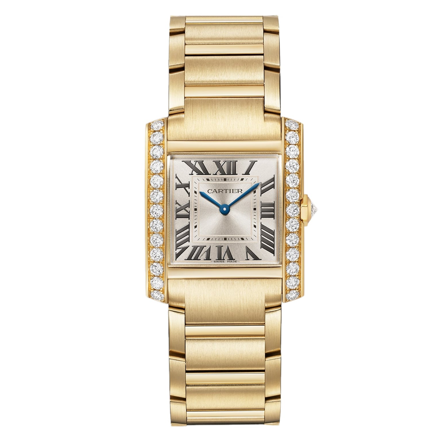 Cartier Tank Française watch featuring a diamond bezel, Roman numerals, and blue hands on a metal link bracelet.