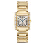 Cartier Tank Française watch featuring a diamond bezel, Roman numerals, and blue hands on a metal link bracelet.
