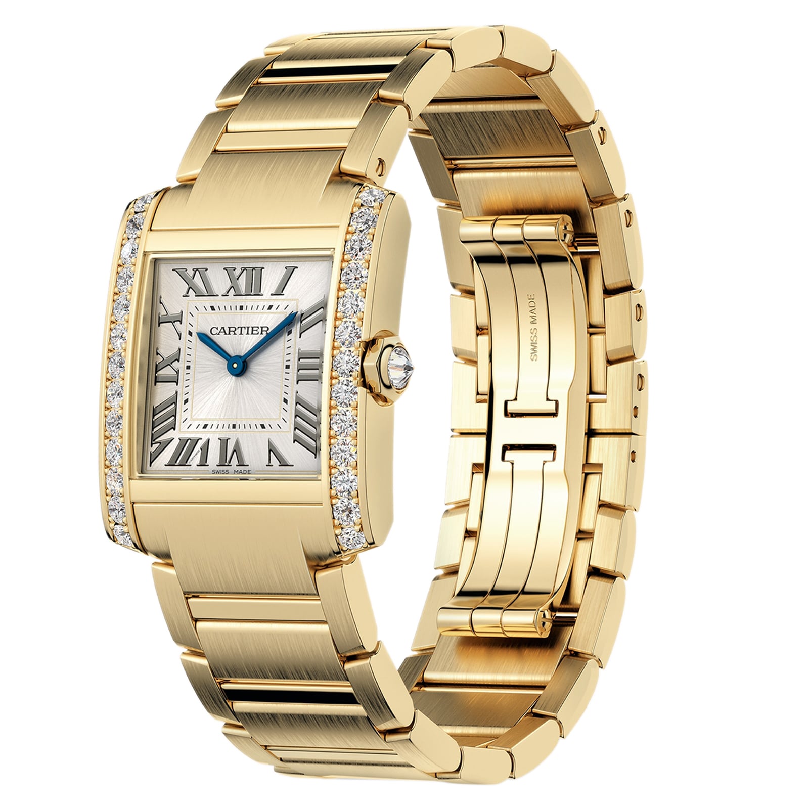 Cartier Tank Française wristwatch featuring a rectangular face, Roman numerals, diamond accents, and a gold link bracelet.