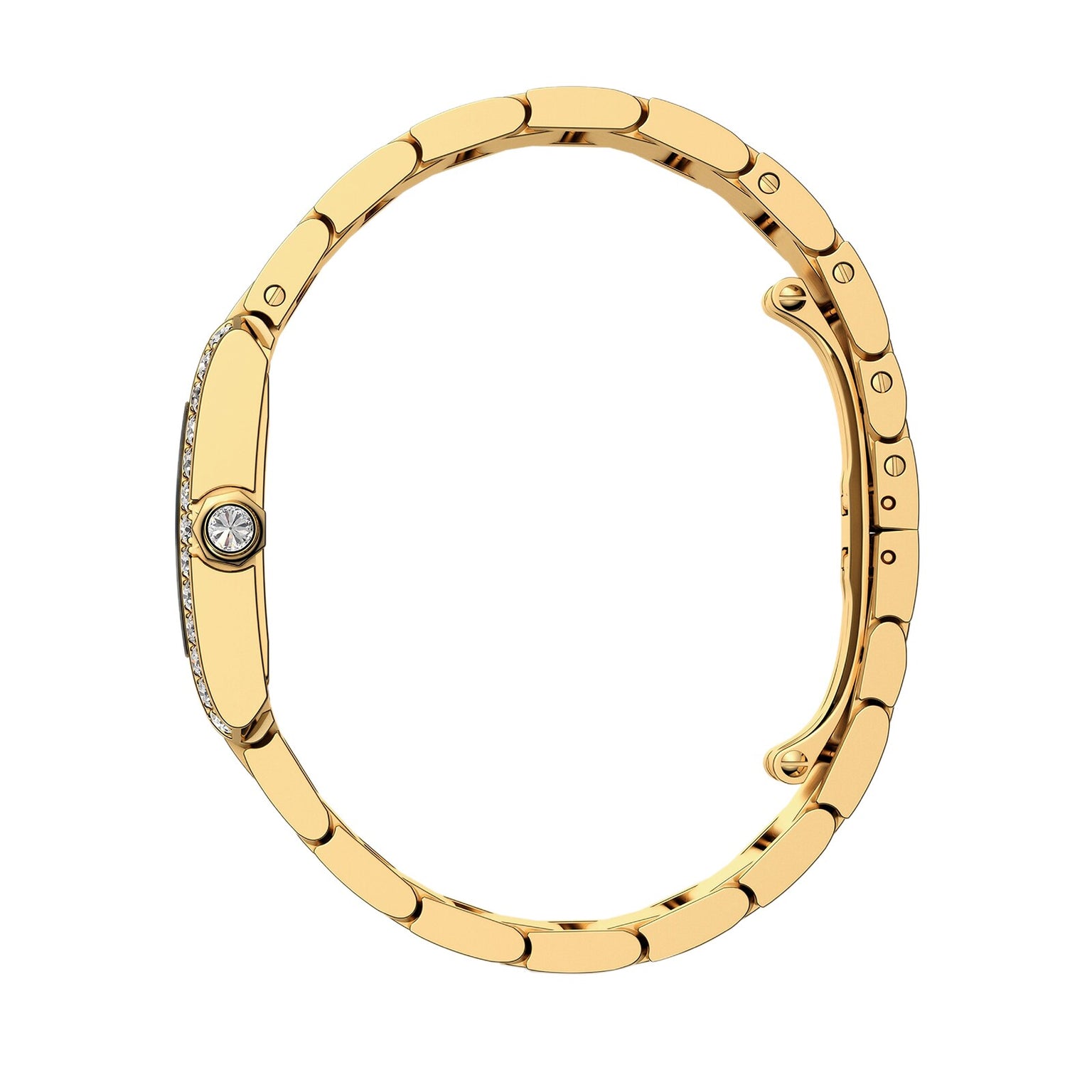 The Cartier Tank Française gold bracelet features a round diamond centerpiece, shown from the side against a white background.
