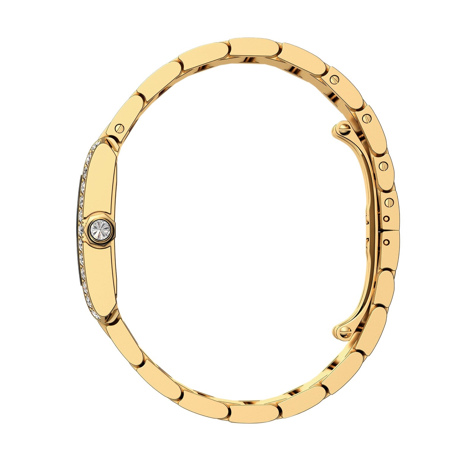 The Cartier Tank Française gold bracelet features a round diamond centerpiece, shown from the side against a white background.