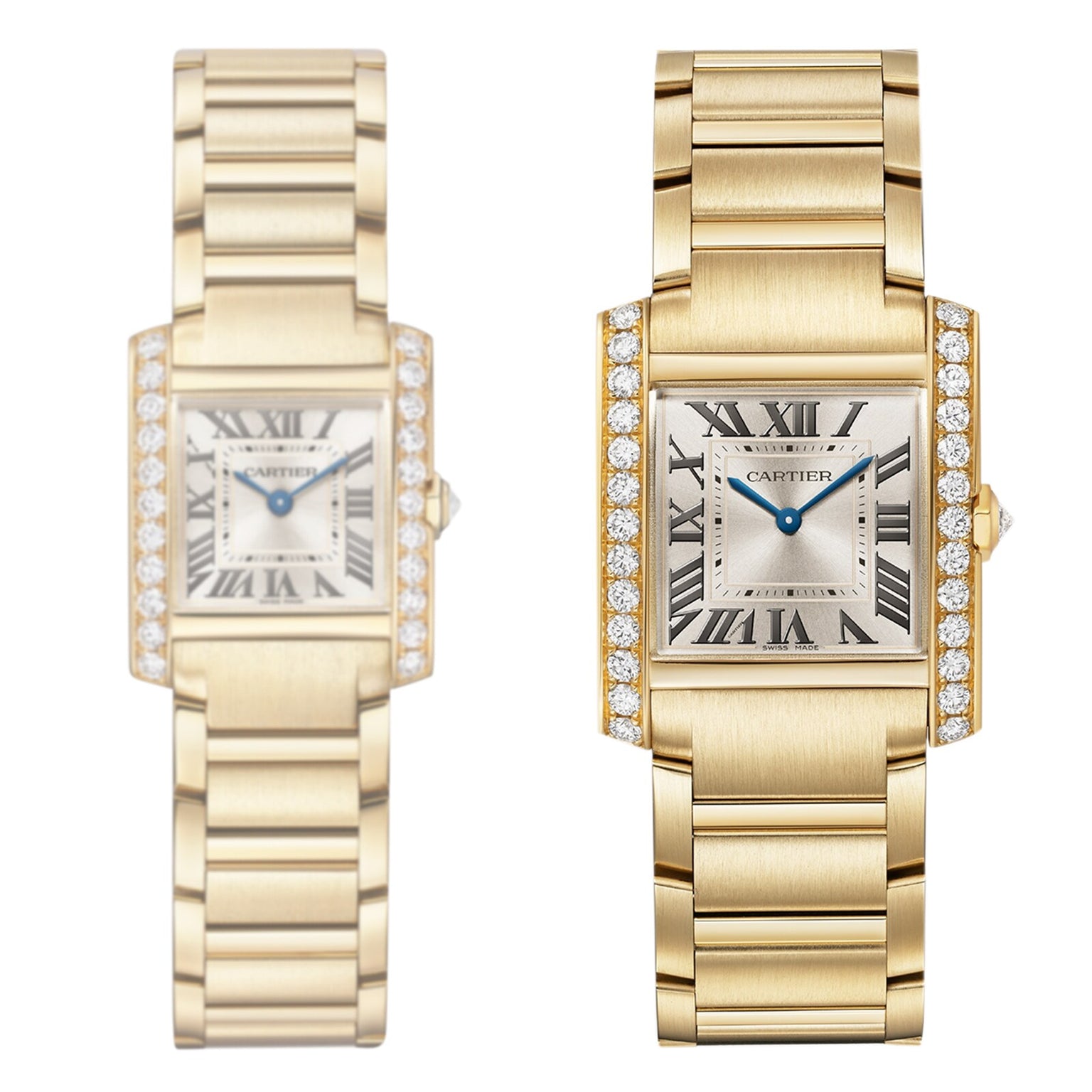 Two Cartier Tank Française watches with diamond bezels, Roman numeral dials, and metal link bracelets are displayed side by side.