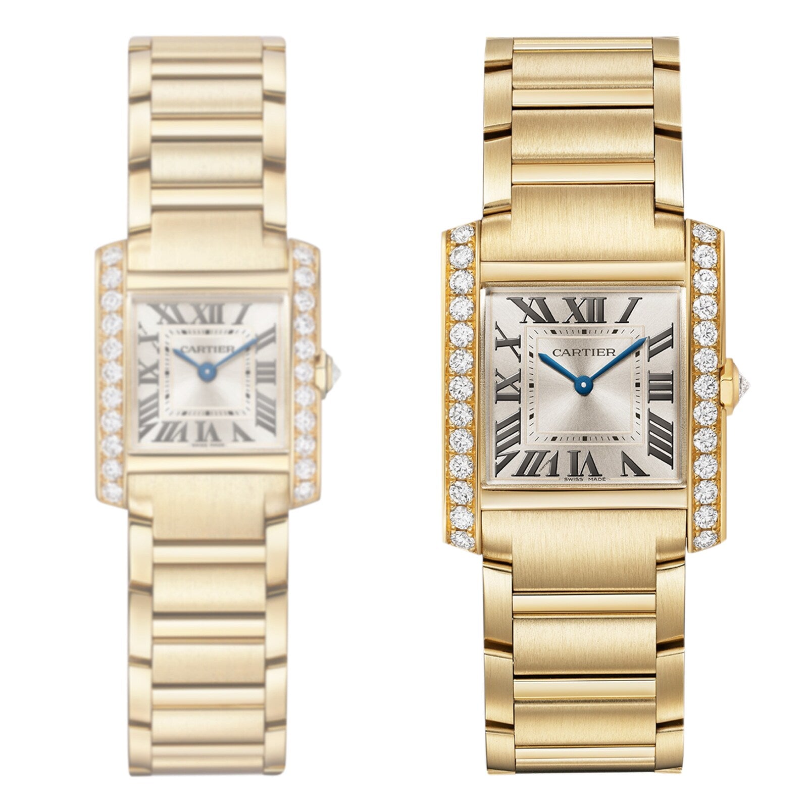 Two Cartier Tank Française watches with diamond bezels, Roman numeral dials, and metal link bracelets are displayed side by side.