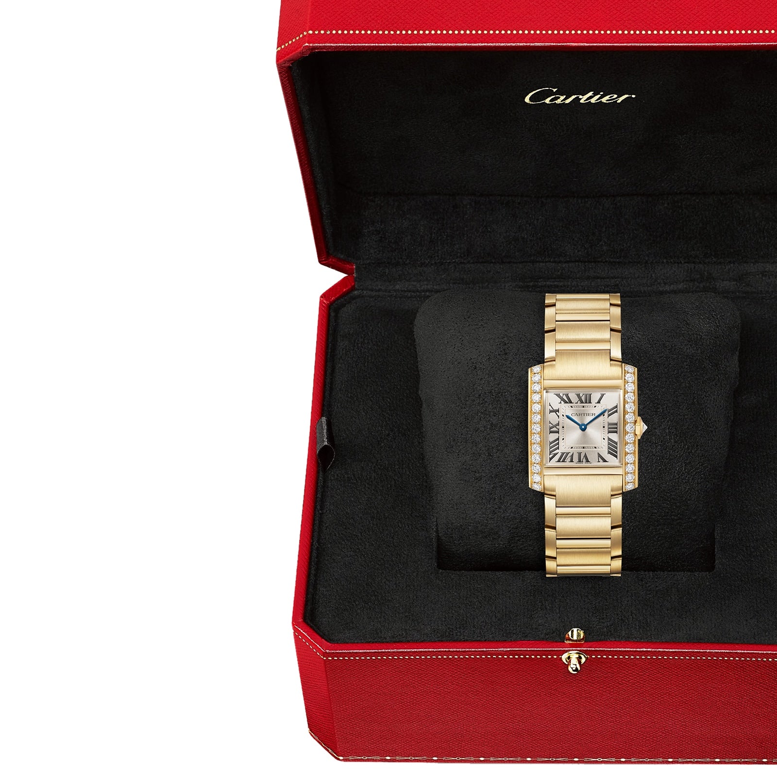 A Cartier Tank Française gold wristwatch with diamonds, presented in a red and black Cartier box.