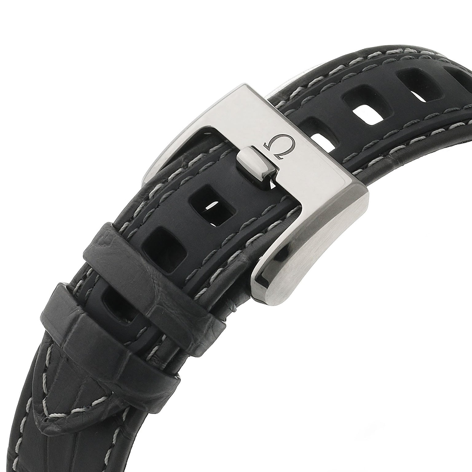 Close-up of a black OMEGA strap with white stitching and a stainless steel buckle bearing the OMEGA logo—a signature detail of the Speedmaster Dark Side of the Moon Grey Side Edition.