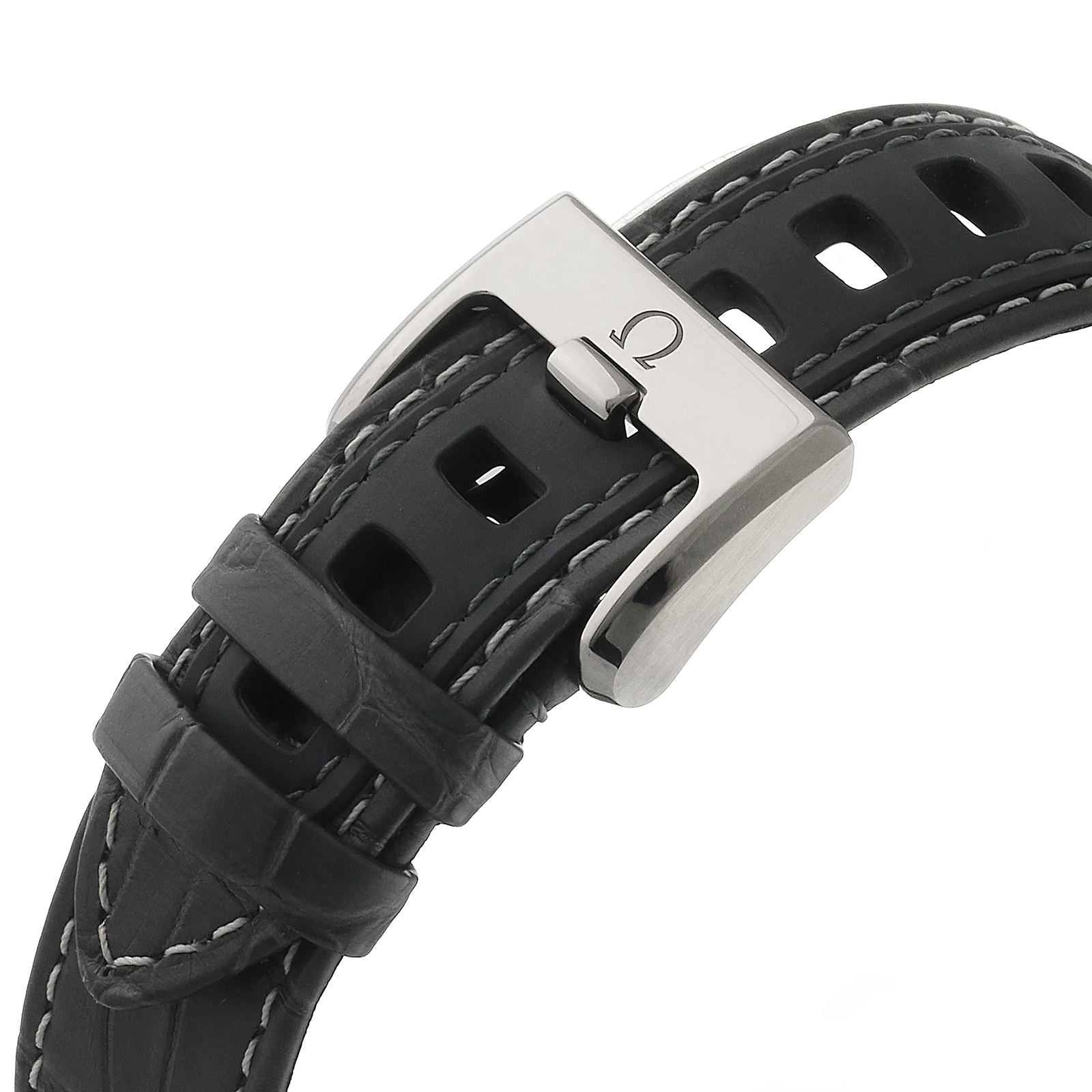 Close-up of a black OMEGA strap with white stitching and a stainless steel buckle bearing the OMEGA logo—a signature detail of the Speedmaster Dark Side of the Moon Grey Side Edition.