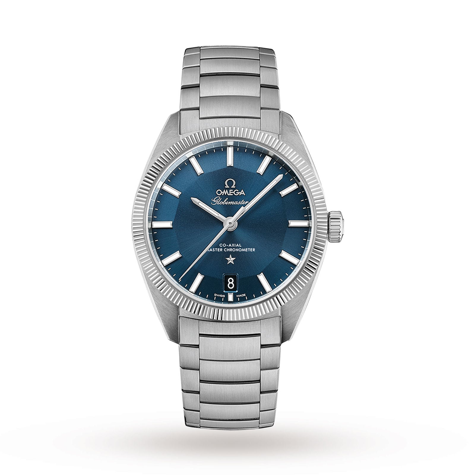 The OMEGA Constellation Globemaster wristwatch features a stainless steel case, blue dial, silver hour markers, date at 6 o’clock, metal link bracelet, and a Master Chronometer movement, displayed on a white background.